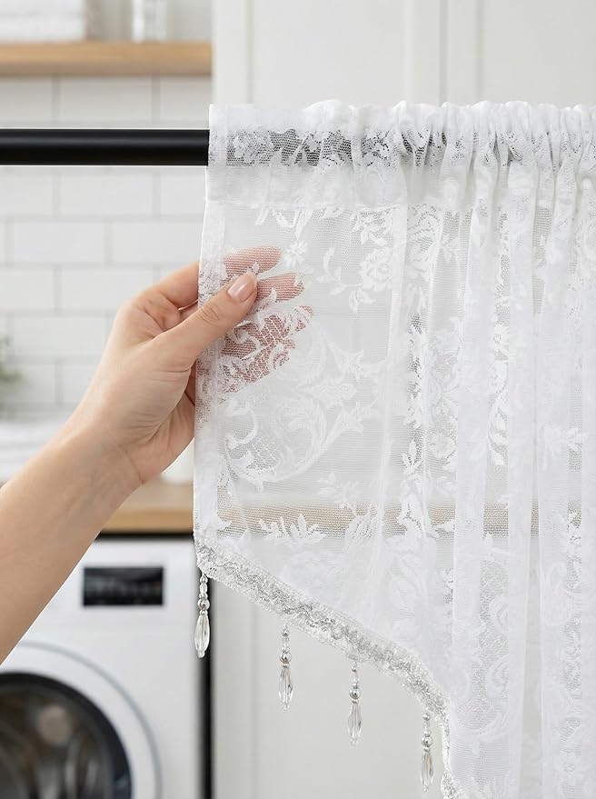 Molaxhome Swag Curtain 51 inch Length Rod Pocket Scalloped Curtain Valance Sheer Lace Panels with Hanging Crystal Beads for Kitchen Bedroom Window Treatments Drape Decor 1pc (Lace White, 51Wx23L)