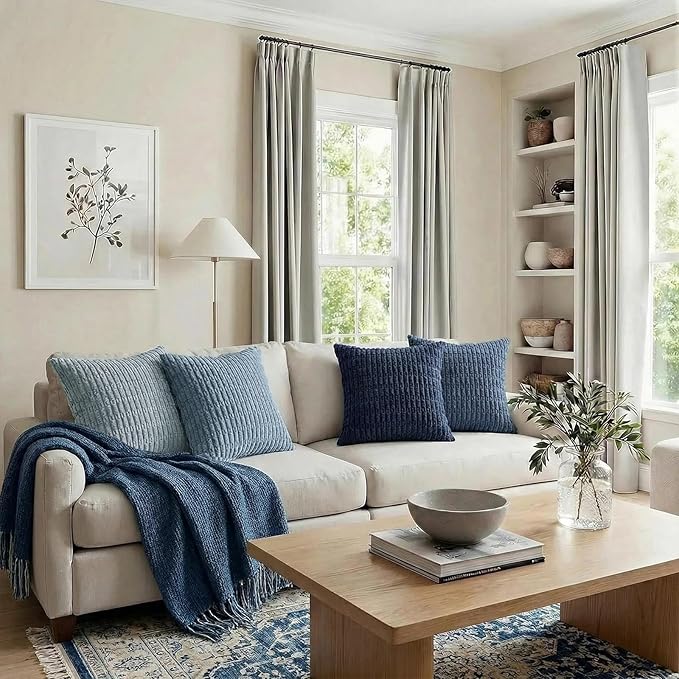 Fancy Homi Set of 4 Blue Decorative Throw Pillow Covers 12x12 Inch for Couch Bed Chair, Modern Farmhouse Boho Room Decor, Soft Fuzzy Corduroy Textured Striped Coastal Blue Cushion Case 30cm