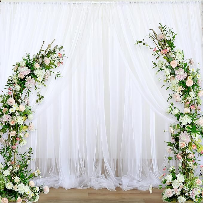 10ft x 15ft White Tulle Backdrop Curtain for Parties Sheer Fabric Backdrop Curtains for Wedding Baby Shower Bridal Shower Birthday Photo Backdrop Drapes Background Wall Decorations 2 Panels 5ft x 15ft