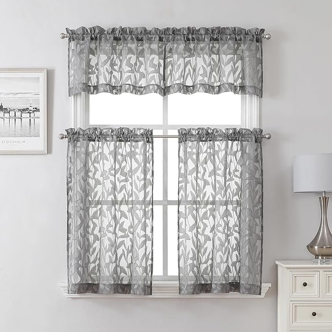 Lecloud Leia Clip Leaf Charcoal Grey Curtains Tiers Sheer Valances for Windows 24 Inch Length 2 Packs, Jacquard Textured Kitchen/Bedroom/Living Room Voile Curtain with Dual Rod Pockets, 38W x 24L