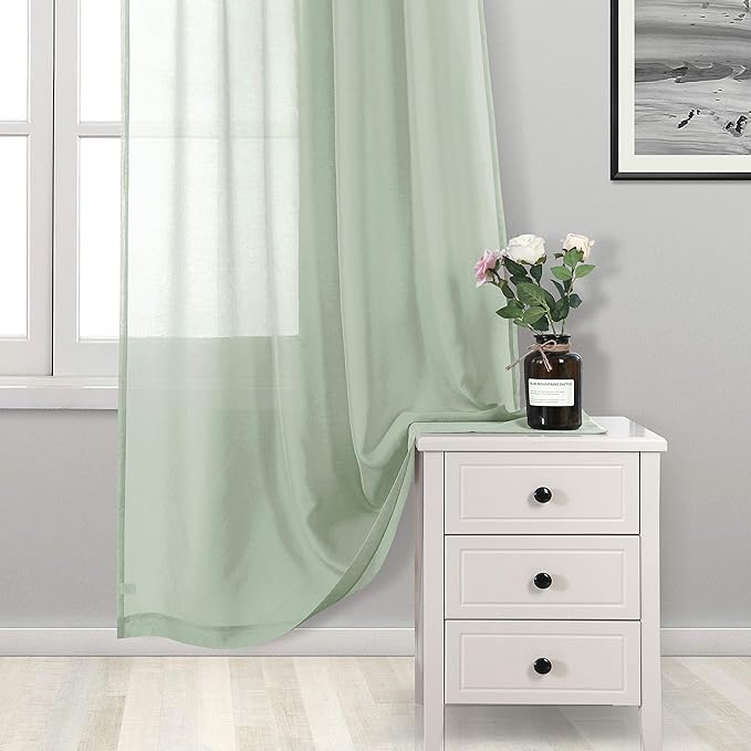 DWCN Bean Green Sheer Curtains Semi Transparent Voile Rod Pocket Curtains for Bedroom and Living Room, 52 x 63 inches Long, Set of 2 Panels