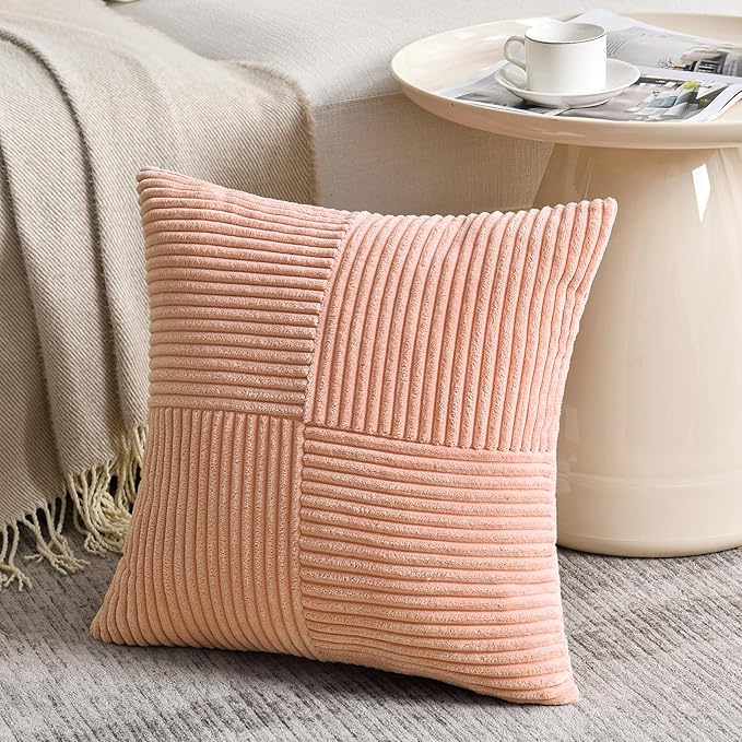 Fancy Homi 2 Packs Peach Decorative Throw Pillow Covers 22x22 Inch for Living Room Couch Bed Sofa, Rustic Farmhouse Boho Home Decor, Soft Corss Corduroy Patchwork Accent Square Cushion Case 55x55 cm