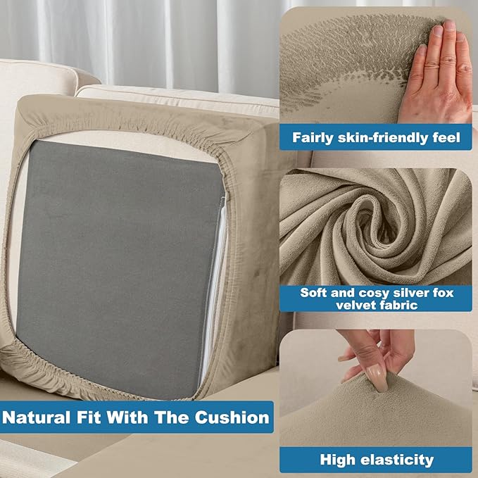 Couch Cover 4-Piece Elastic Velvet Couch Cushion Covers & Chaise Slipcovers for L-Shaped Sofas - Sofa Seat Covers Washable, Soft Cover for Couches (3 Seater + Chaise, Leather Brown)