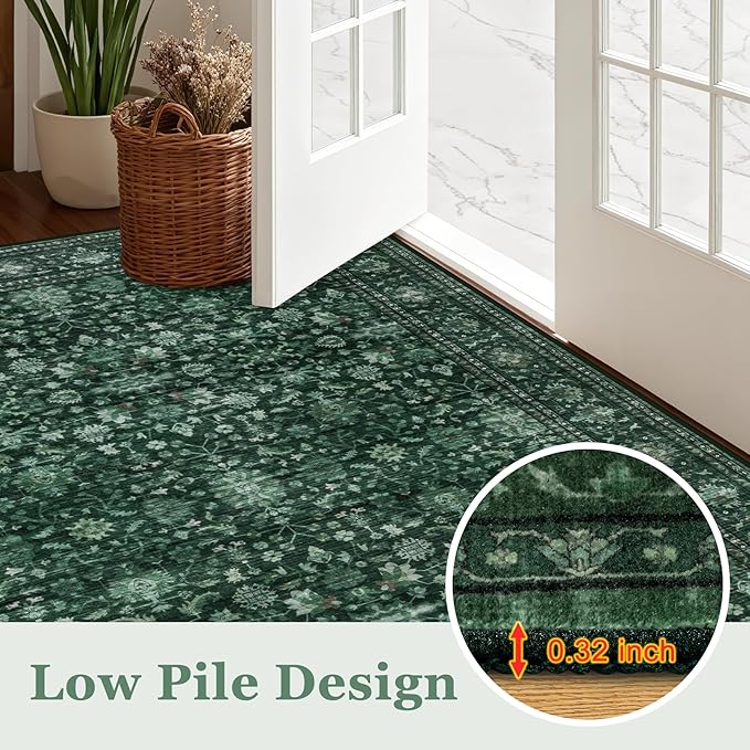 4x6 Area Rugs for Living Room: Washable Rug Soft Vintage Distressed Floral Carpet Indoor Non-Slip Stain Resistant Large Carpets for Bedroom Dining Room Farmhouse Nursery Home Office Deep Green