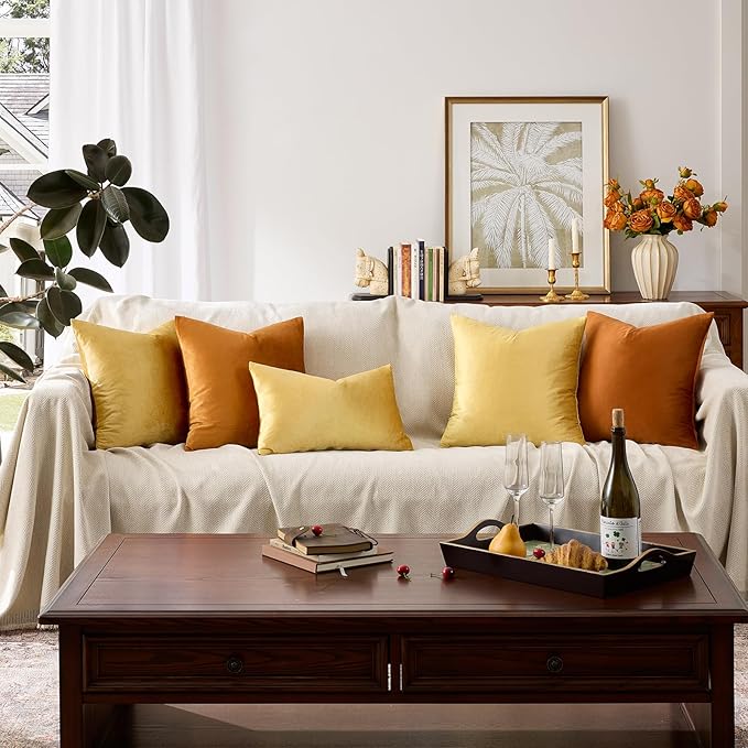 GIGIZAZA Decorative Throw Pillow Covers 16x16,Set of 2 Yellow Square Couch Pillow Covers,Velvet Sofa Boho Cushion Pillows