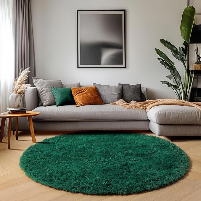 ONASAR Dark Green Round Area Rugs 5ft, Fluffy Soft Bedroom Circle Rug for Kids Girls Boys Teen Room, Furry Plush Shaggy Carpet Floor Mat for Baby Nursery Living Room Playroom Dorm Home Decor