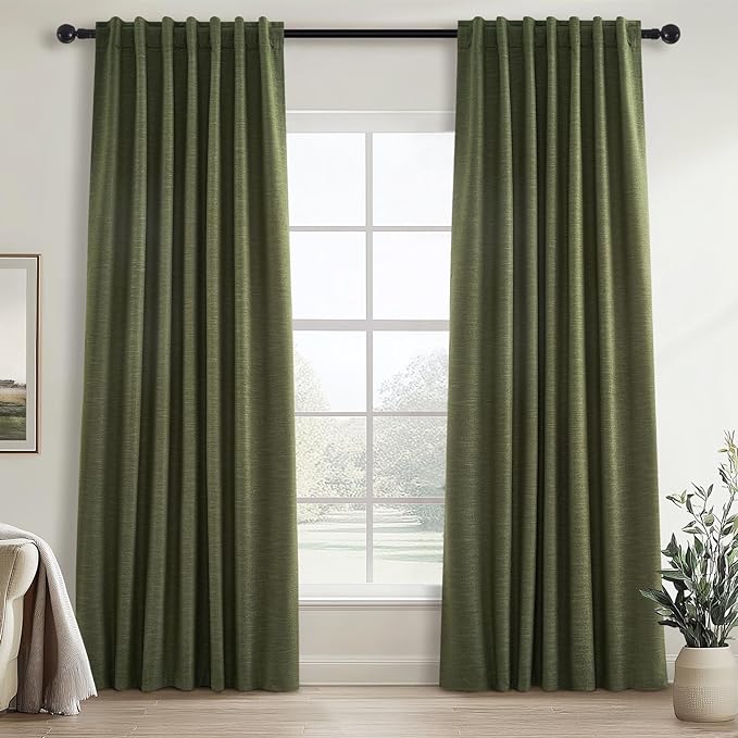 Topfinel 90 Inch Long Linen Blackout Curtains 2 Panels Set, Back Tab Pinch Pleated with Hooks, Thermal Insulated Modern Neutral Decor Window Curtain Drapes for Bedroom,- Loden/Olive Forest W52 x L90