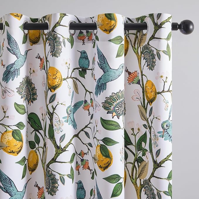 Topfinel White Pretty Pioneer Woman Blackout Curtains 63 Inches Length 2 Panels, Aesthetic Retro Botanical Floral Hummingbird Printed Soundproof Grommet Drapery Treatment for Nursery Kid Classroom
