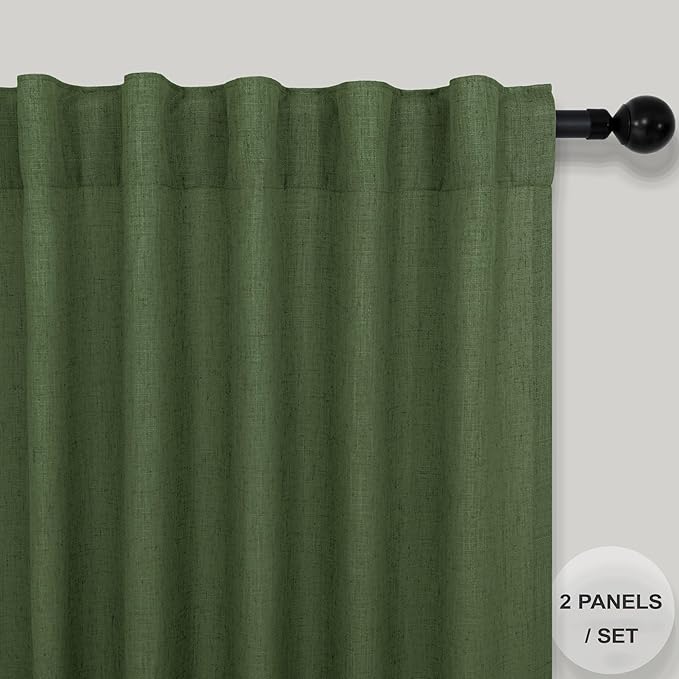 Pitalk Olive Green Curtains 63 Inch Length for Living Room 2 Panels Set Back Tab Rod Pocket Pleated Look Semi Sheer Linen Green Curtains for Bedroom Boho Decoration 52x63 in Long