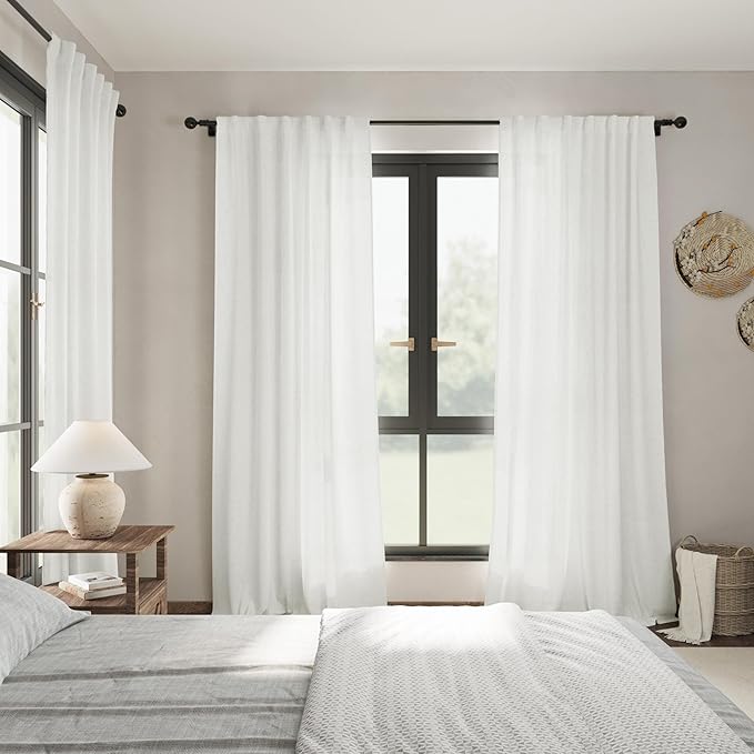 Off White Linen Curtains 92 inches Long for Bedroom Back Tab Light Filtering Privacy Sheer White Curtains Modern Farmhouse Coastal Decor Cotton Textured Gauze Curtain for Living Room 2 Panel Set