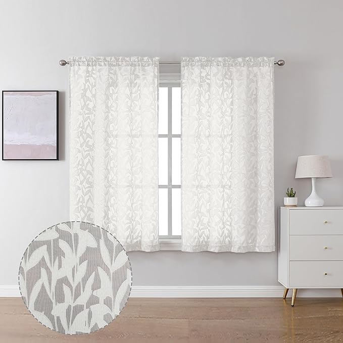 Lecloud Leia Jacquard Textured Ivory Semi Sheer Curtain 45 Inch Length, Balance Light & Privacy Clip Leaf Voile Curtain for Living Room, Dual Rod Pockets Bedroom Short Drape, 40 W x 45 L