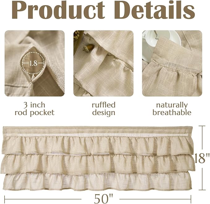 jinchan Ruffled Valance Curtain Slubbed Crossed Kitchen Valance Vintage Shabbychic Style for Living Room Small Windows 18 Inch Cottagecore Farmhouse Half Window Rod Pocket 1 Panel Taupe
