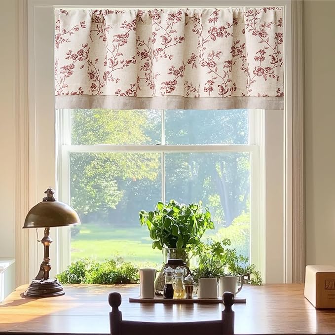 jinchan Linen Valance Curtains for Windows 16 Inch Christmas Decorations Floral Double Layer Kitchen Valance Room Darkening Cottagecore Farmhouse Flower Window Treatment 1 Panel Maroon Red on Linen