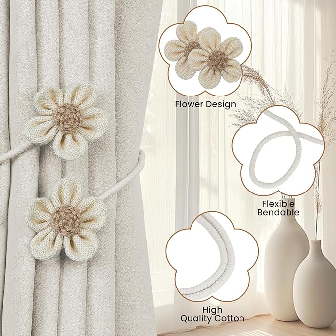 KLOGTSIND Flower Curtain Tiebacks, 2 Pack Curtain Ties Elegant DIY Curtain Holdbacks, Decorative Window Drape Twist Tie Backs for Boho Bedroom Decor, Nursery Decor, Farmhouse Décor