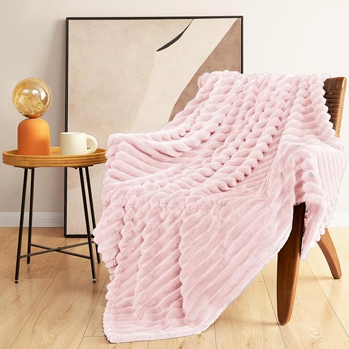 HIMEET Pink Ribbed Throw Blanket for Couch - 300GSM Lightweight Soft Fleece Blanket for Women, Cozy Blankets for Mothers Gifts, Striped Spring Home Room Decor, Pink, 50x60 Inches