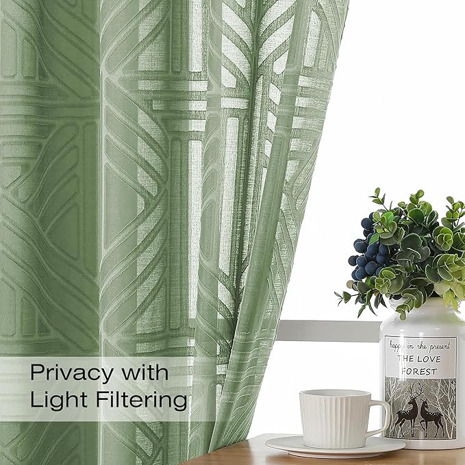 Simplebrand Sage Green Semi Sheer Curtains 54 Inch Length 2 Panels, Geometric Jacquard Clip Textured Short Sheer Curtains for Bedroom，Modern Elegant Window Curtains Drapes/Treatment Sheer，42x54 inch