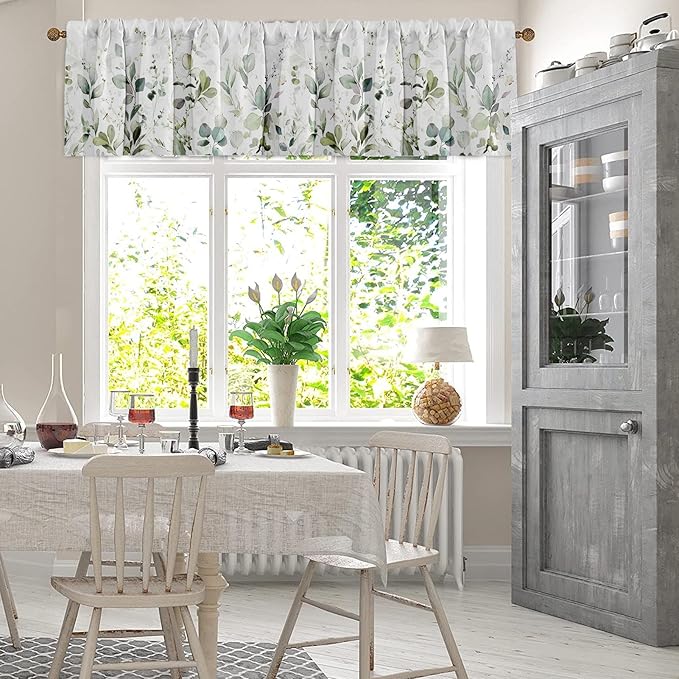 Emvency 4 Pack Valances Window Treatments, Green Watercolor Eucalyptus Leaves Blackout Adjustable for Living Room Bathroom Bedroom Kitchen Over Sink, 52x18 Inch Rod Pocket Valances