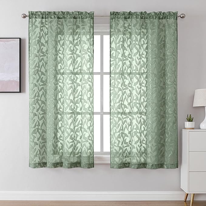 Lecloud Leia Sage Green Sheer Curtains 63 Inch Length 2 Panels, Rustic Light Filtering Privacy Voile Leaf Aesthetic Curtain, Dual Rod Pockets Drapes for Living Room Dining Room, Each 42" W x 63" L