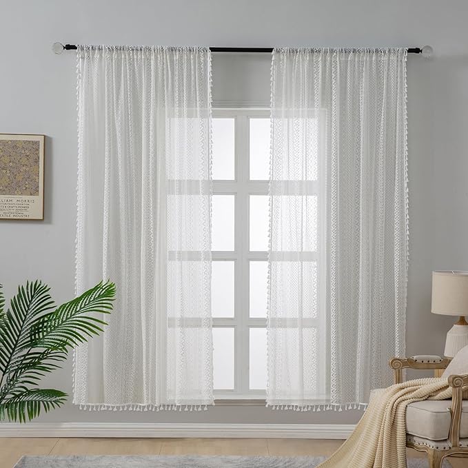 WAZZIO Boho Lace Curtains 72 Inches 2 Panel,Light Filtering Privacy Tassel & Geometry Crochet Semi Sheer Curtain Drapes for Bedroom Living Dining Room,Rod Pocket & Tassel,Victorian Decor,Off White