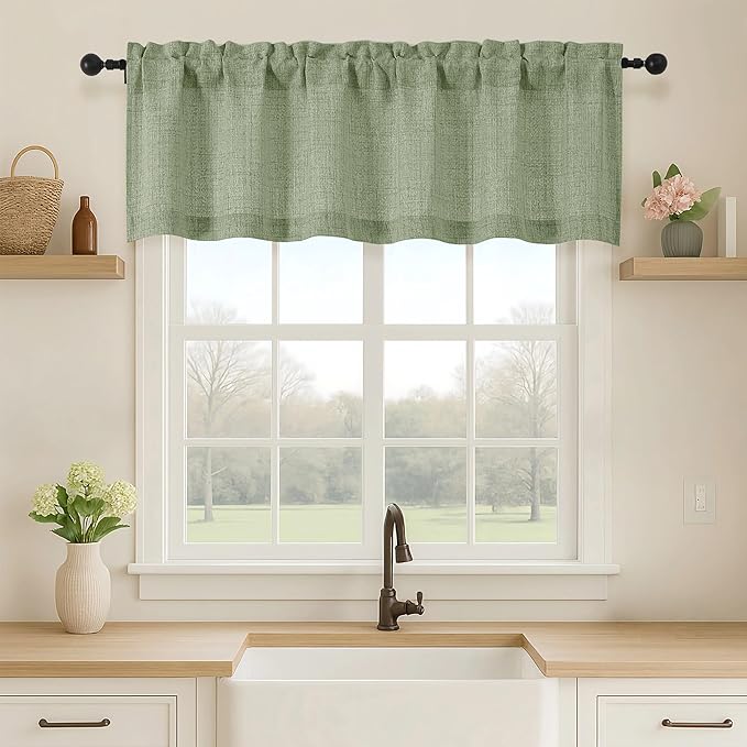 OVZME Green Valance for Windows, Light Filtering Faux Linen Textured Small Short Valance Kitchen Curtain, Dual Rod Pocket Top Short Window Curtain for Bathroom Basement Farmhouse, 1 Piece, 60Wx16L