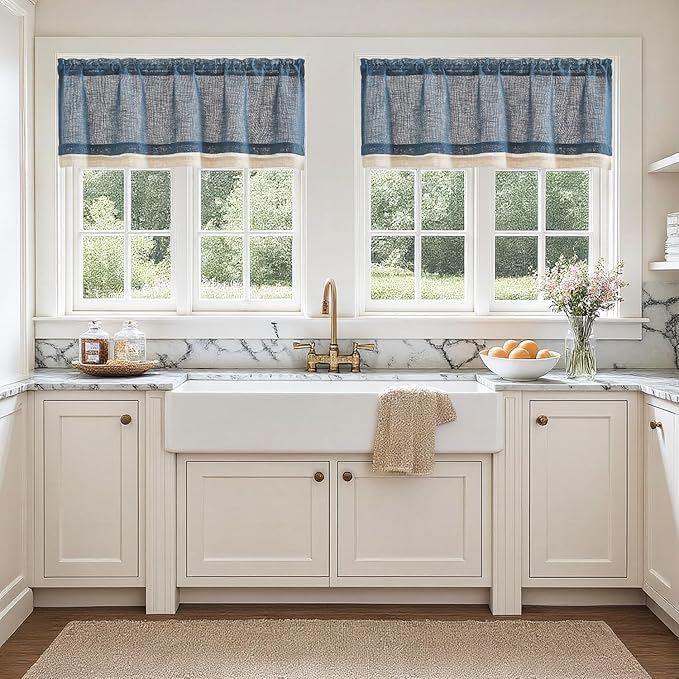 jinchan Linen Farmhouse Valances for Living Room Windows 16 Inch Slubbed Crossed Double Layer Window Valances Light Filtering Rustic Country Overlay Rod Pocket 2 Panels Navy Blue