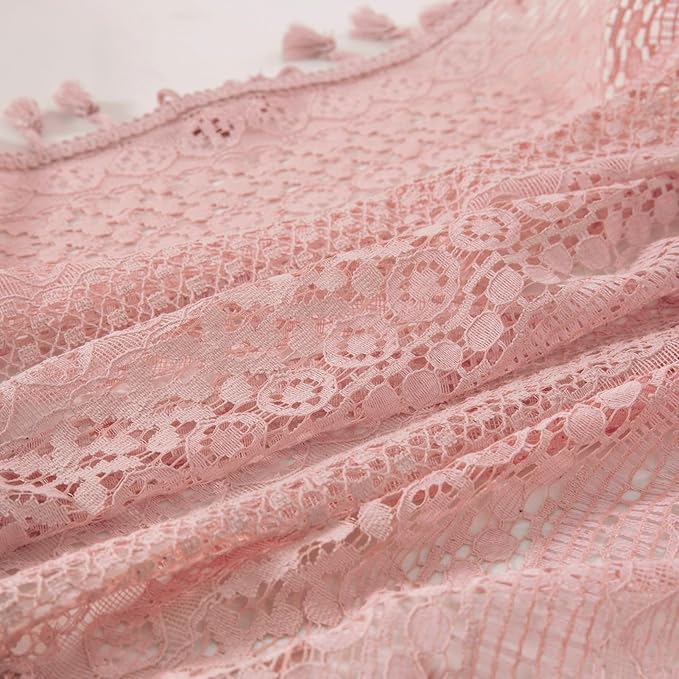 WAZZIO Boho Lace Curtains 84 Inches 2 Panel,Light Filtering Privacy Tassel & Geometry Crochet Semi Sheer Curtain Drapes for Bedroom Living Dining Room,Rod Pocket & Tassel,Light Pink