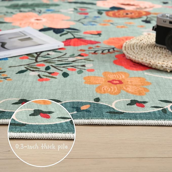 Rugcomf Round Rug 4ft Washable Circle Rug Non Slip Low Pile Boho Floral Small Circular Rug for Bedroom, Bathroom, Entryway, Kids Room, Office, College Dorm(Green)