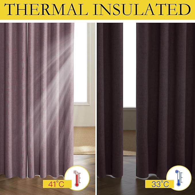 NICETOWN Chaise Mauve Vintage Linen 100% Blackout Curtains for Living Room, Thermal Insulated Curtains 84“ Long, Noise Reducing Window Treatment Drapes for Hall Room, 52" Wide Per Panel, Set of 2