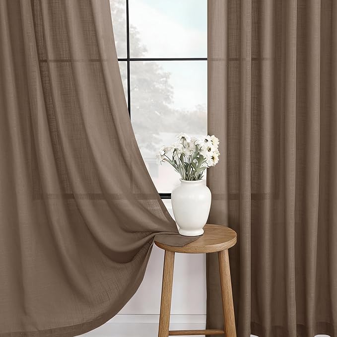 Chocolate Brown Linen Curtain 63 inch Length 2 Panels Set Back Tab Light Filtering Living Room Curtain Drapes Home Office Modern Minimalist Decor Farmhouse Boho Neutral Semi Sheer Curtain 63 inch Long