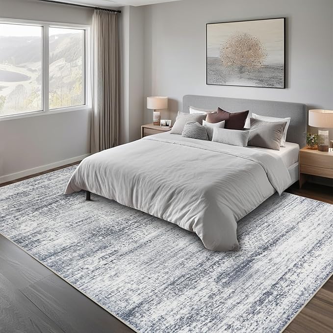 Srugn Washable Rugs 8x10 Area Rugs for Living Room,Rugs for Bedroom,Large Carpets,Ultra Soft Faux Wool Retro Dining Room Rug,Non Slip&Non-Shedding Low Pile Vintage Print Rug for Home Office-Grey Cream