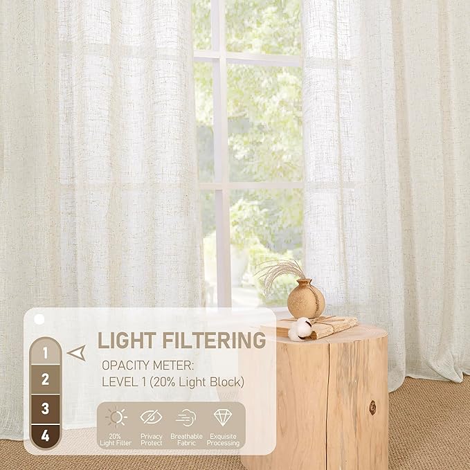 LAMIT Linen Sheer Curtains 96 inches Long 2 Panel Set, Light Filtering Neutral Living Room Drapes Bronze Grommet Floor to Ceiling Panels for Sliding Glass Door/Bedroom, Cream Ivory, 52 x 96 Inch
