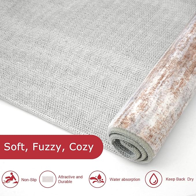 KOZYFLY Modern Abstract Kitchen Runner Rug, 2x6 Washable Rug Runner Non-Slip Soft Striped Hallway Runner Rugs, Grey Brown Print Carpet Runner for Entryway Bathroom Laundry Room Foyer
