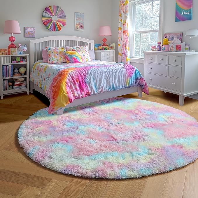 Amdrebio Rainbow Fluffy Round Rug 4Ft Kids Rugs for Girls Bedroom, Unicorn Room Decor, Colorful Pastel Shag Carpet for Preppy Dorm, Soft Cute Fuzzy Kawaii Circle Area Rugs for Baby Nursery, Playroom