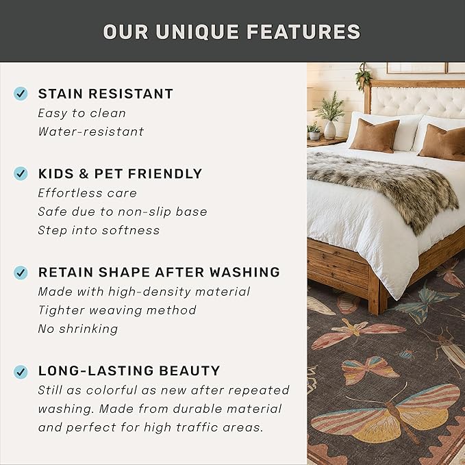 Brown Washable Area Rug for Living Room - 4x6 Large Entryway Rugs, Vintage Insect Soft Stain Resistant Carpet for Bedroom, Kitchen, Non Slip with Rubber Backing, Aesthetic Décor Indoor