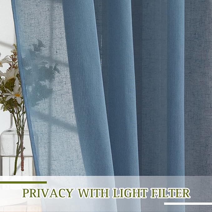 NICETOWN Flax Linen Sheer Curtains for Living Room, (Stone Blue) Grommet Vertical Drapes Semi Sheer Linen Curtains Privacy with Light Filtering for Bedroom/Farmhouse, W52 x L96, 1 Pair