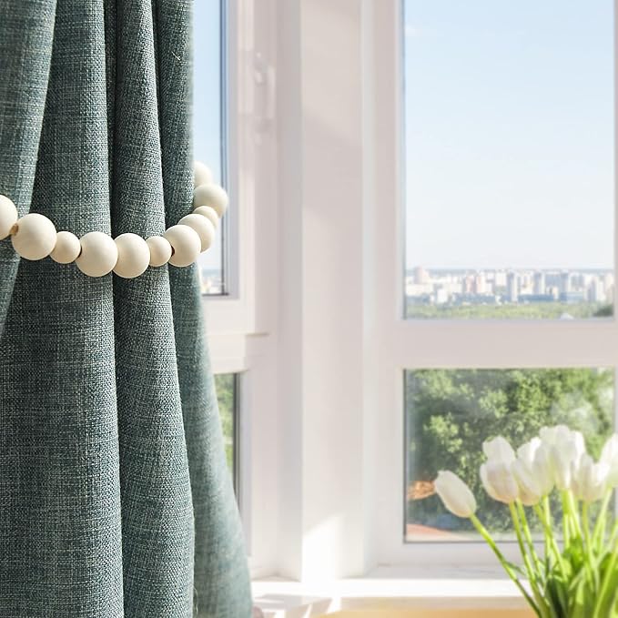 OCIOLI 2 Pieces of Wood Bead Curtain Tieback Boho Curtain Tiebacks Curtain Holdbacks for Wall Curtain Ties Curtain Tie Backs with Hooks for Boho Decor Bedroom Decor Nursery Decor (Wood Color,2)