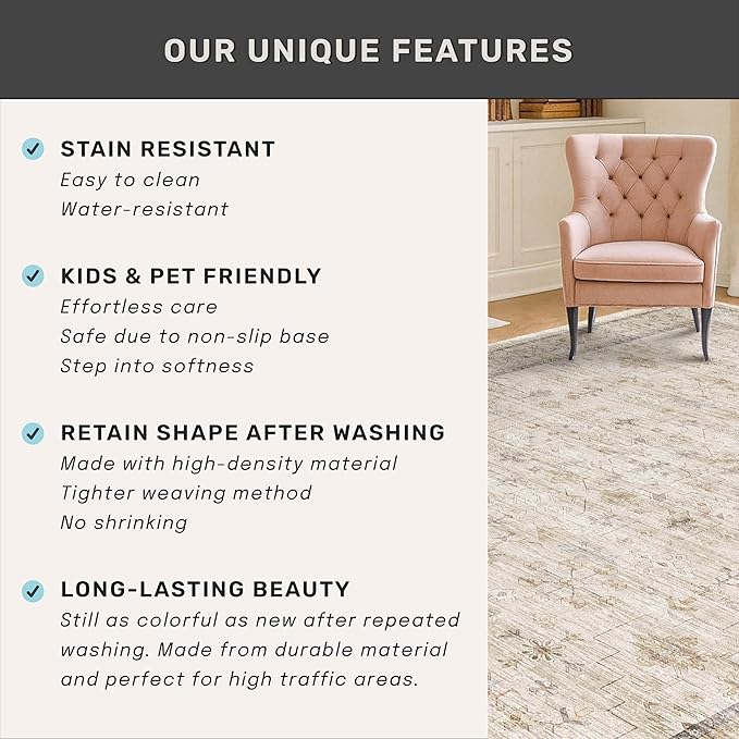Washabel Lvory Modern Rugs for Living Room, 9x12 Low Pile Floral Carpet for Large Dining Room,Neutral Light Beige Foldable Area Rug for Bedroom, Farmhouse Geometric Pattern, Vintage Home Décor