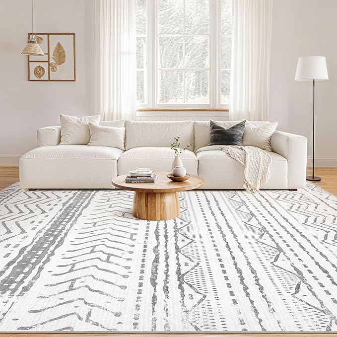 Nakagishi 5x7 Area Rug Living Room: Machine Washable Boho Large Neutral Farmhouse Stain Resistant Indoor Floor Rugs Moroccan Carpet for Bedroom Nursery Dorm Classroom Playroom Dining Room- Grey White
