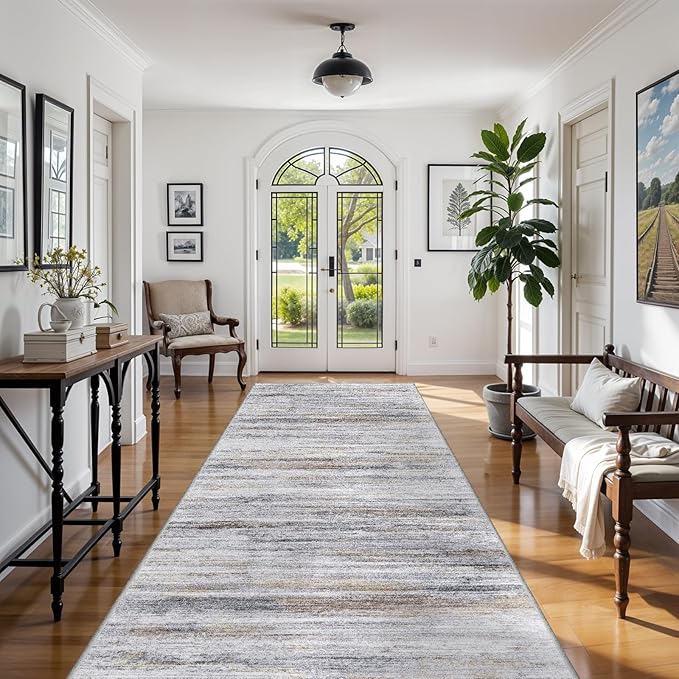 6x12 Runner Rug for Wide Hallway: Long Washable Area Rugs for Living Room Dining Room Office - Stain and Water Resistant Runners with Non-Slip Backing - Soft Low-Pile Thin Carpet Beige Grey