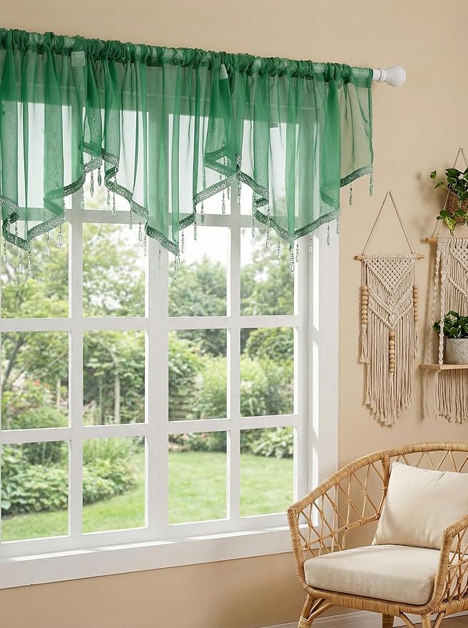 Molaxhome Swag Curtain 51 inch Length Rod Pocket Scalloped Curtain Valance Sheer Lace Panels with Hanging Crystal Beads for Kitchen Bedroom Window Treatments Drape Decor 1pc (DarkGreen, 51Wx23L)