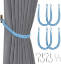 NICEEC 4 Pack Natural Cotton Rope Curtain Tiebacks Elegant Boho Style Decorative Drape Tie Backs Soft Hand-Woven Rope Curtain Holdbacks with Metal Hook for Home & Office Drapery (Light Blue)