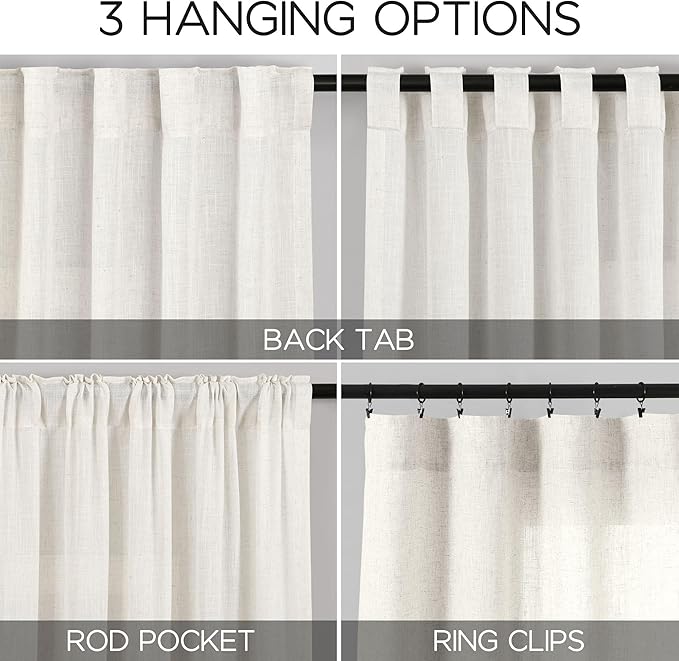 Beige White Linen Curtains 80 Inch Long for Bedroom Back Tab, Filters Light Privacy Transparent Curtains Modern Farmhouse Coastal Decor for Sliding Glass Doors 2 Panels 52x80