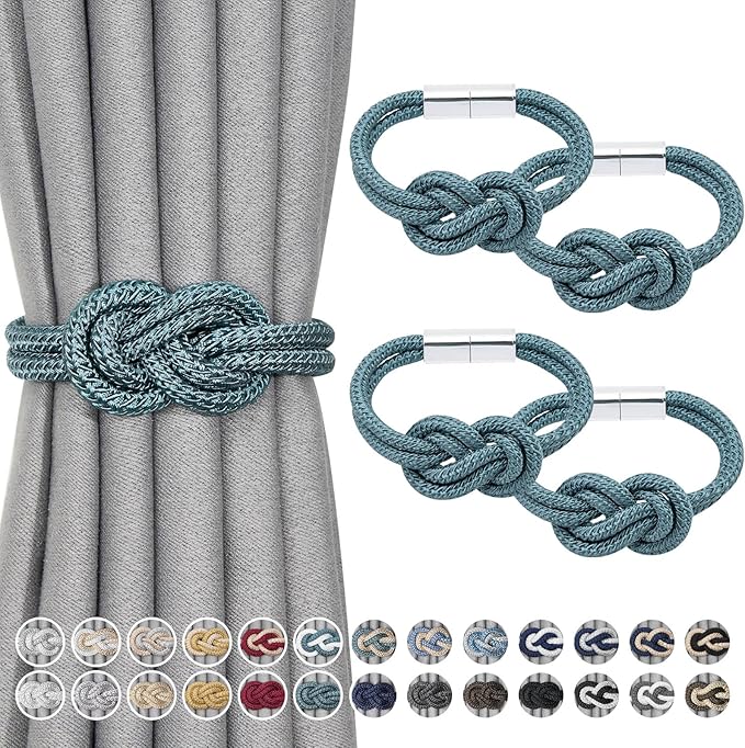 NICEEC 4 Pack Mini Magnetic Curtain Tiebacks Nordic Simple Style Drape Tie Backs Elegant Hand Weave Rope Knot Decorative Curtain Holdbacks for Home & Office Thin Window Drapery (Teal)