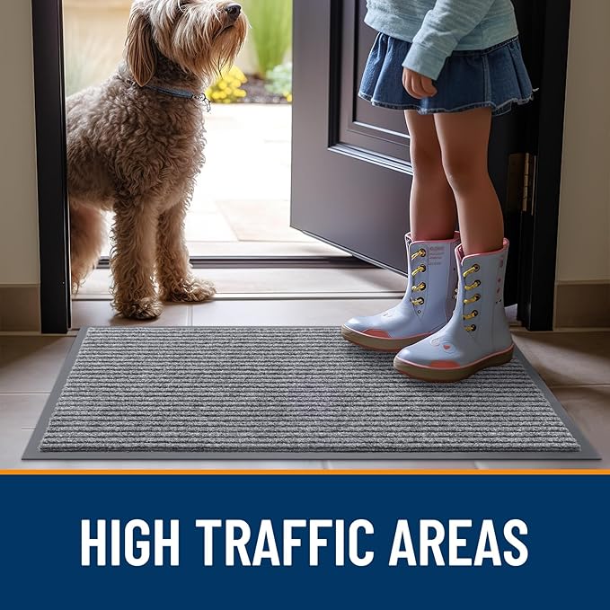 OLANLY Front Door Mat Indoor Outdoor Entrance, 2-Pack 29.5 x 17 Inch, Waterproof Heavy Duty Doormat, Fade Resistant, Low Profile, Easy Clean Patio Porch Welcome Floor Mats for Entry, Light Gray