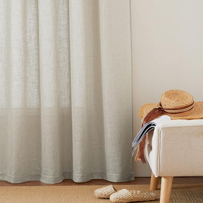 RYB HOME Curtains for Living Room - Linen Sheer Curtains Semi-Transparent Sheers Light Airy Drapes for Bedroom Dorm Office Bathroom Sliding Door Shades, Angora, W 52 x L 72 inches Long, 1 Pair