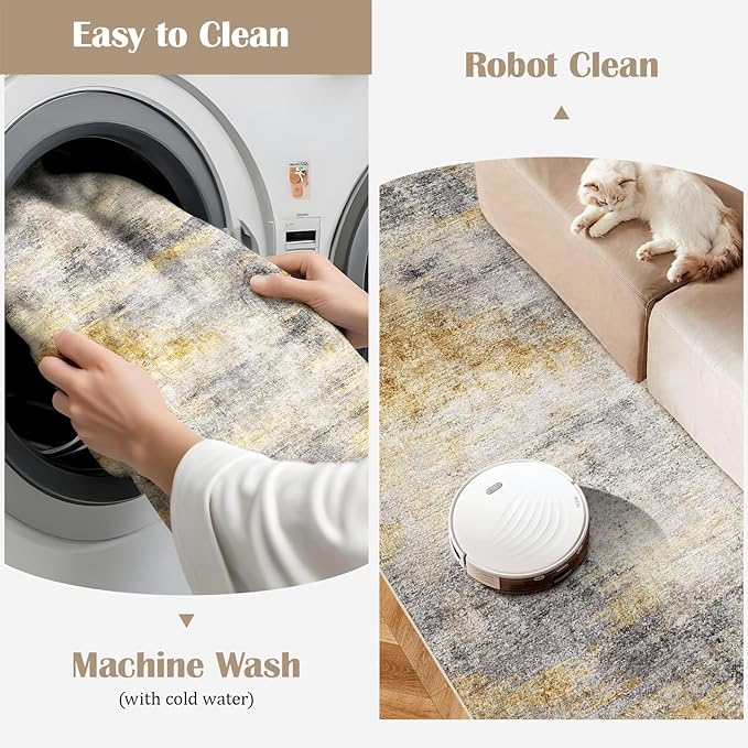 2'6''x14' Washable Kitchen Runner Rug: Modern Abstract Runners for Hallway Soft Non Slip Rugs with Rubber Backing Low Pile Thin Floor Carpet for Entryway Bedroom Bathroom Indoor(Grey/Yellow,2'6''x14')