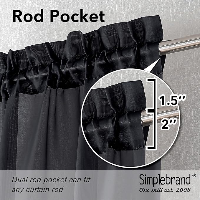 Simplebrand Black Sheer Curtains 84 Inches Long, Light Filtering Rod Pocket Solid Color Window Sheer Curtain Panels, Elegant Curtains & Drapes for Living Room, Bedroom 2 Panels (Black, 59" W x 84" L)