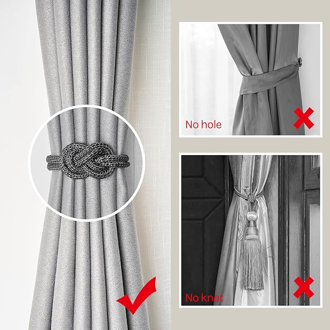 NICEEC 4 Pack Mini Magnetic Curtain Tiebacks Nordic Simple Style Drape Tie Backs Elegant Hand Weave Rope Knot Decorative Curtain Holdbacks for Home & Office Thin Window Drapery (Dark Grey)