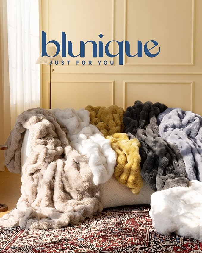 Ultra Soft Cozy Faux Fur Throw Blanket, Fuzzy Plush Thick Bubble Blanket, Oversize Luxury Fluffy Blanket for Couch, Bed, and Living Room, 60x80 Inches, Light Grey