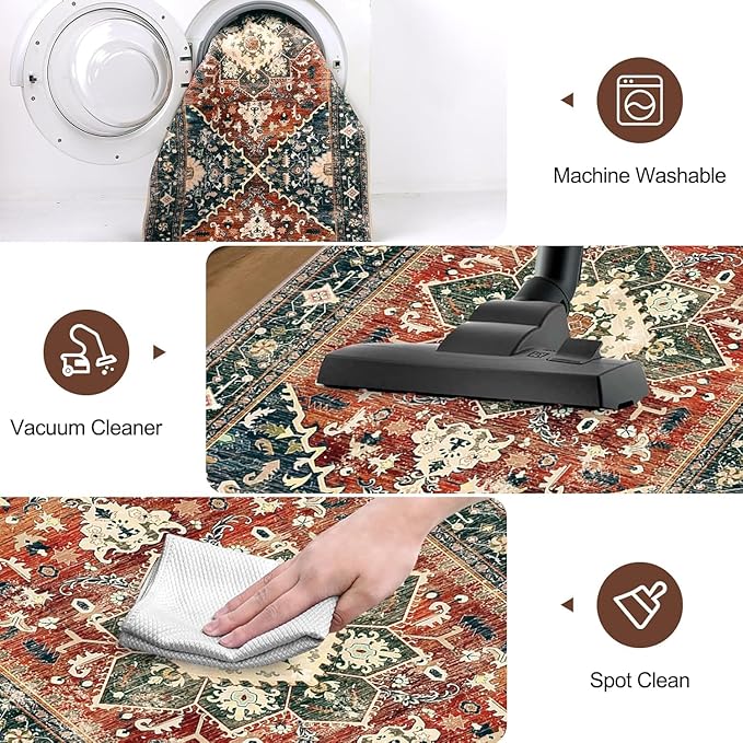 Yamaziot Washable Runner Rug, 2x10 Non-Slip Boho Vintage Hallway Rug Runner with Rubber Backing, Stain Resistant & Low Pile Faux Wool Distressed Carpet Runner for Kitchen, Laundry, Entrance